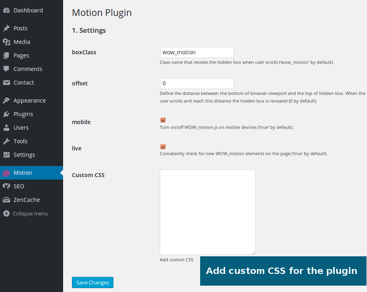 **Settings** - Options for Motion Plugin under Settings -> Motion menu in the admin area.