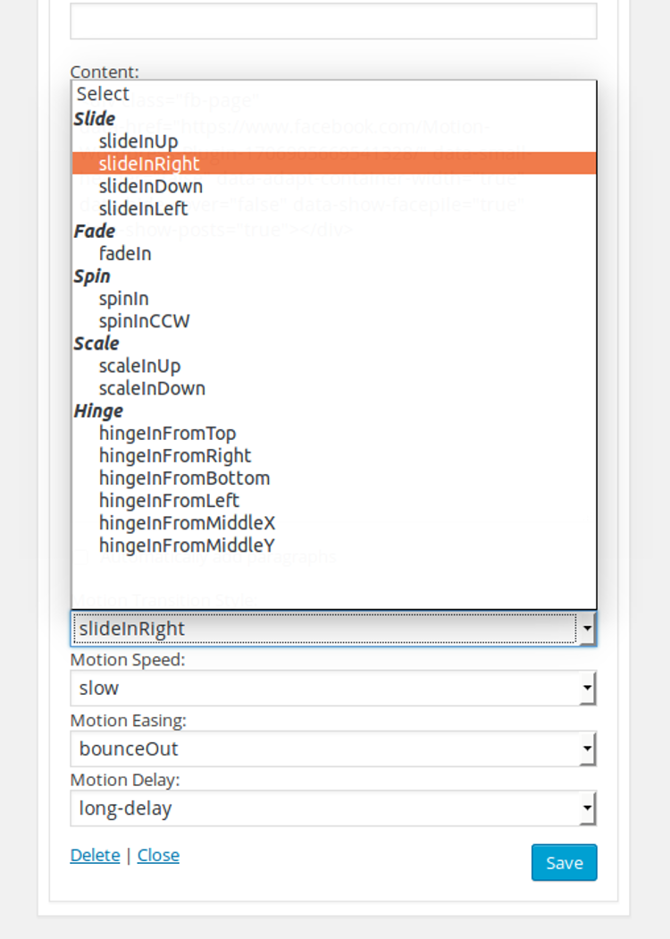 **Apply on Widgets** - You can choose Motion class from dropdown list.