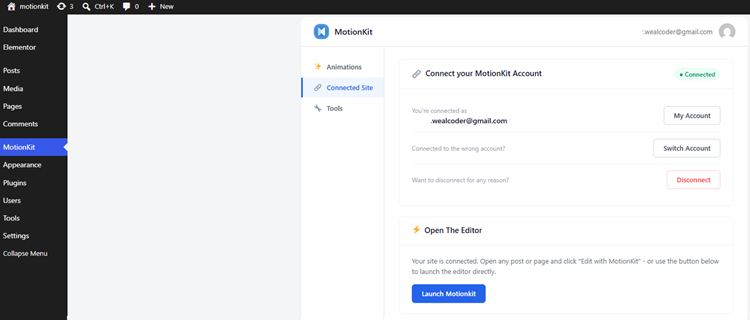 Connecting your site to MotionKit from the WordPress dashboard.
