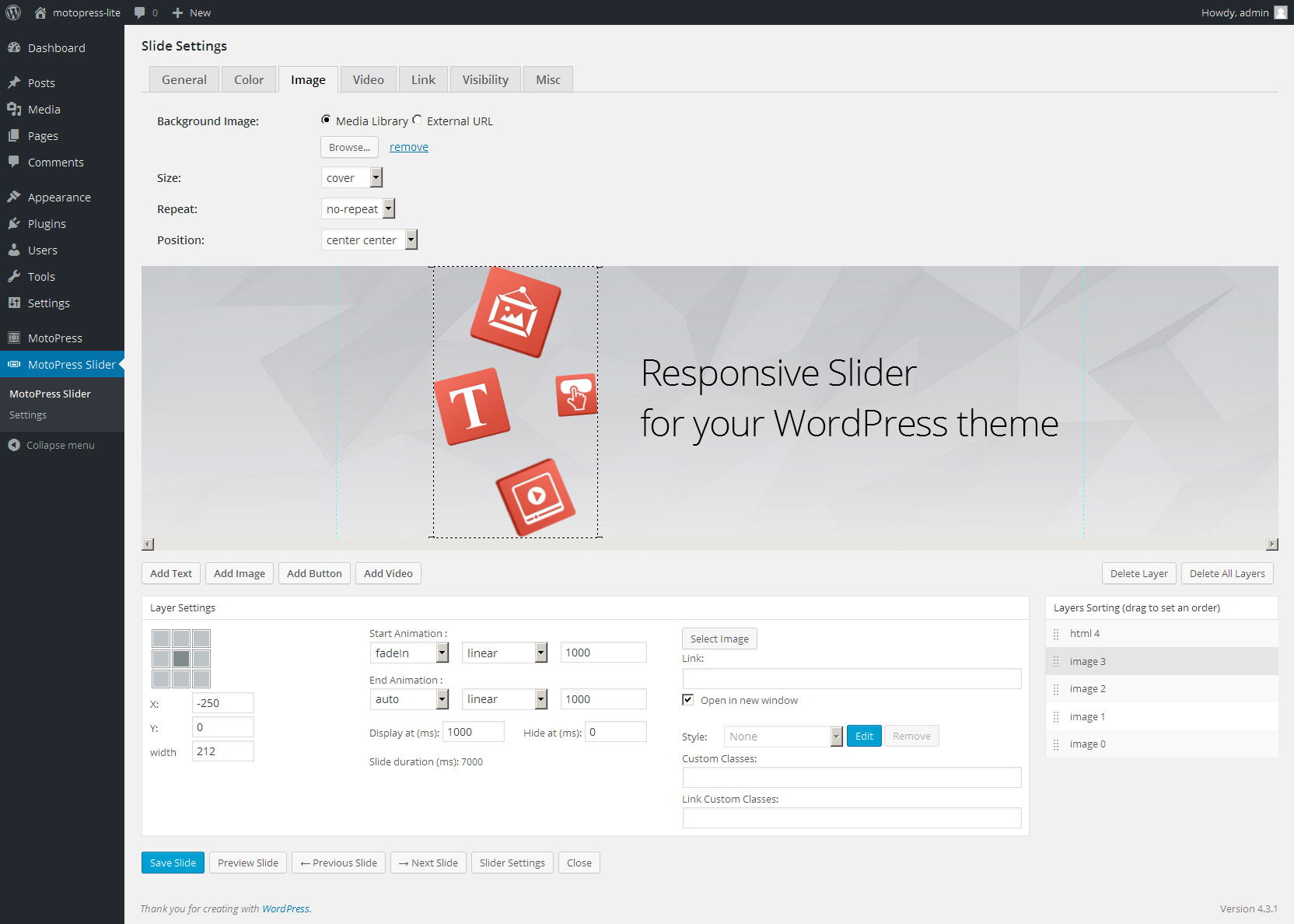 Slide settings and layers