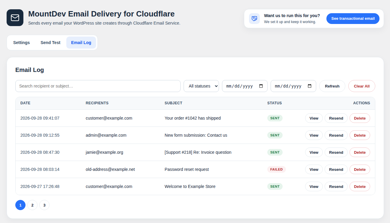 Email Log: search, filter, view and resend sent email.