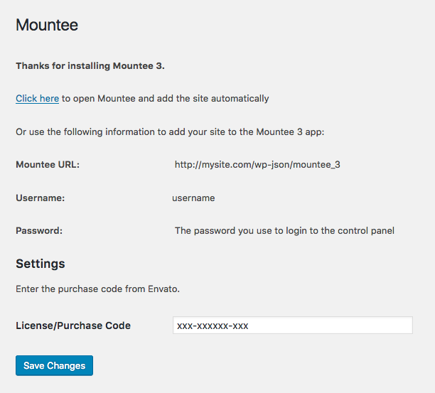 mountee_install_confirmation.png: After installing the Mountee plugin/add-on, you can access the connection information from your CMS.