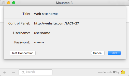 mountee_site.png: From the Mountee application, you can enter your site connection information, test the connection, and then actually connect to the CMS.