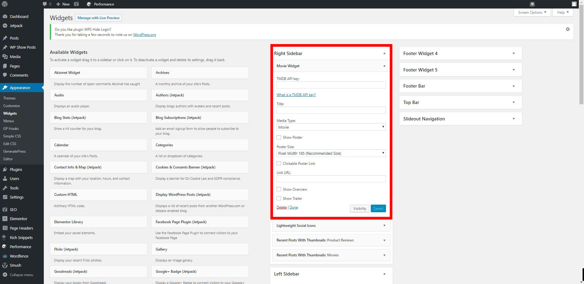 Admin GUI when editing the widget in the dashboard