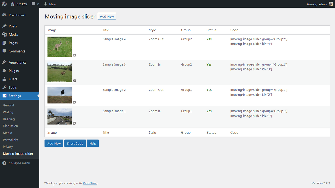 Admin screen 1