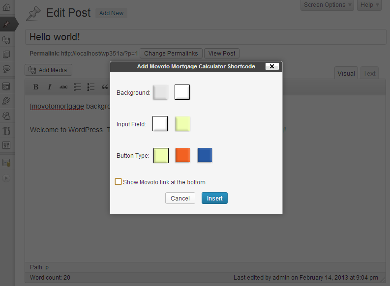 Short code settings panel