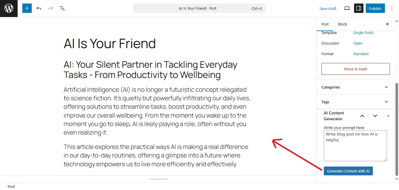 Generated Content Example: Screenshot showing AI-generated content inserted into the editor.
