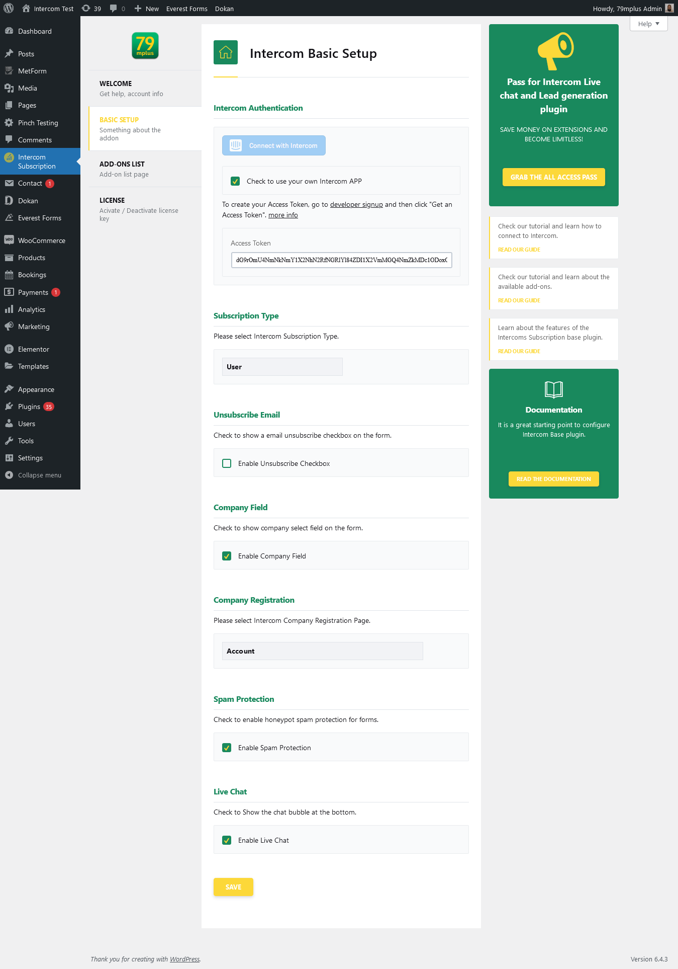 Settings page
