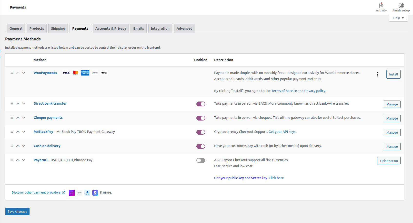 Go to Woocommerce -> Settings -> Payments, make sure the Mr Block Pay plugin is enabled and click the "Manage" button to enter Mr Block Pay plugin configuration details.