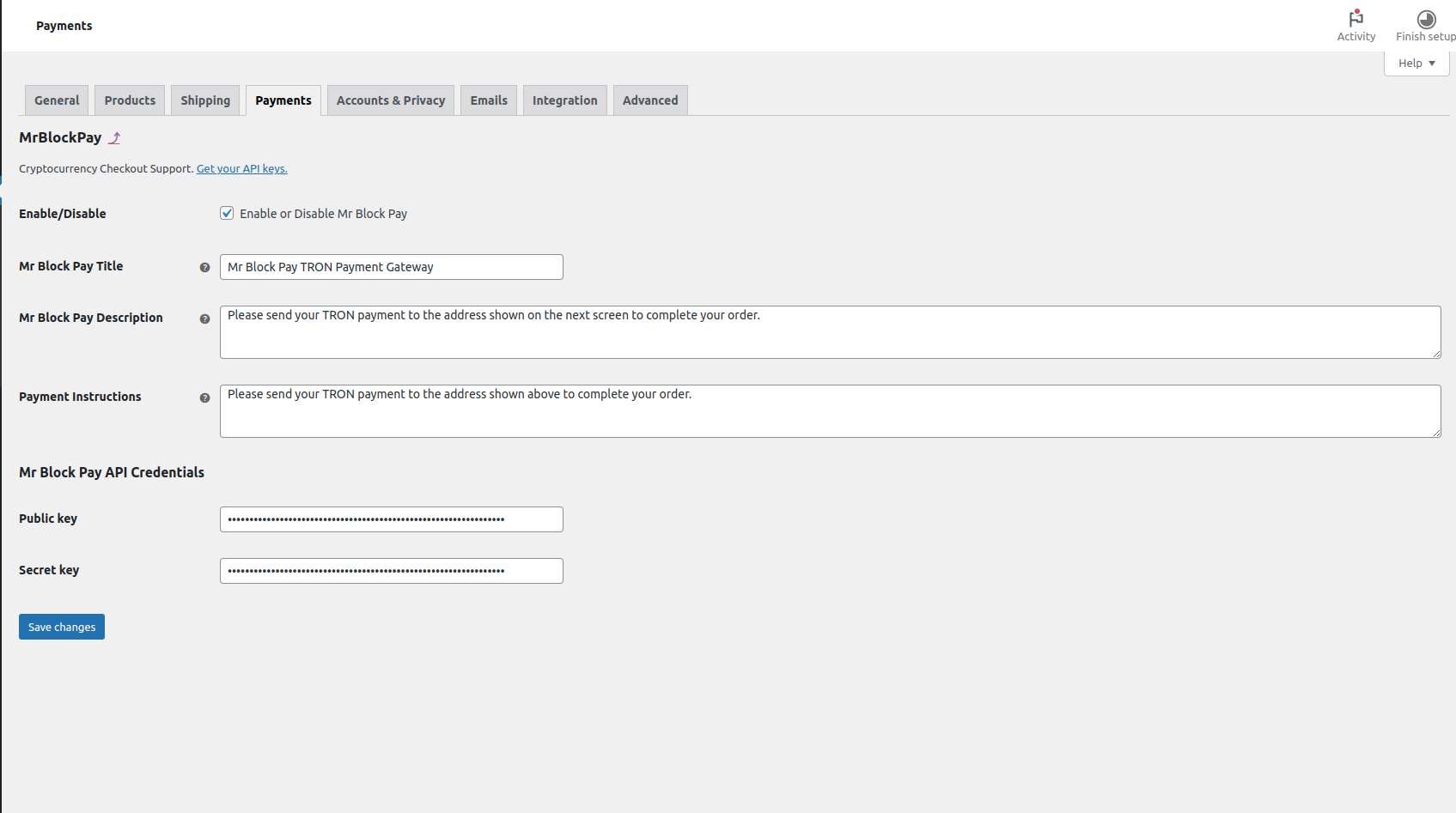 Enter the configuration details and save changes. To get your public and secret keys, you will need to register/login at the Mr Block Pay web site at https://mrblockpay.com/account/register and go to dashboard.