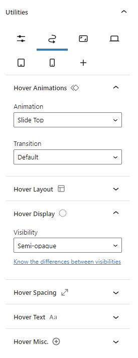 Example of options that will apply when mouse hovering a block.