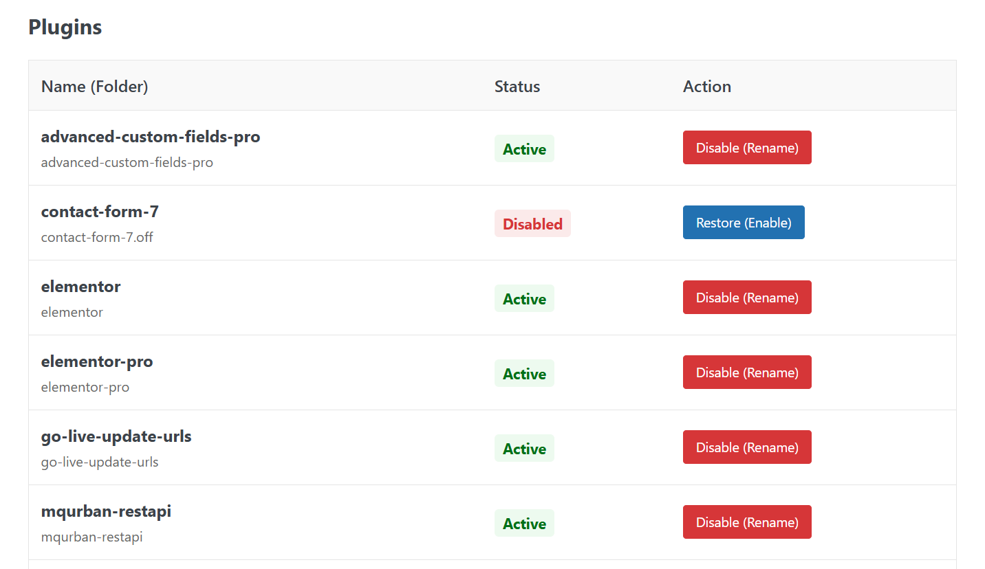 **Disable Plugins** - Disable Plugins by just clicking the deactivate.