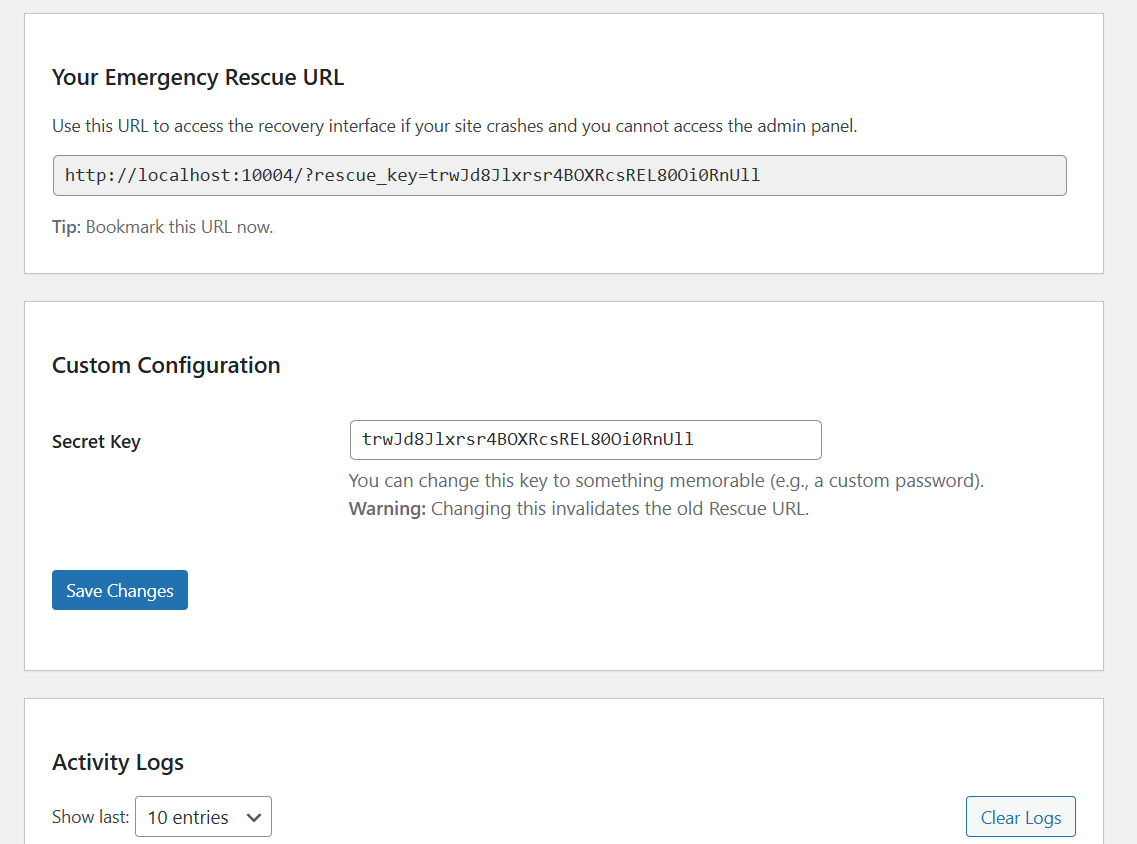 **Admin Interface Guide** - The admin settings page under Tools -> Emergency Rescue.
