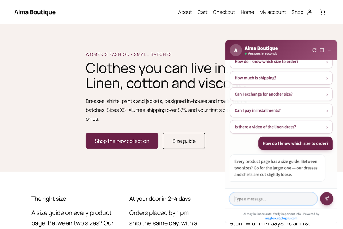 It finds the product in your WooCommerce store and answers with its price and a link to buy (Commerce plan or higher).