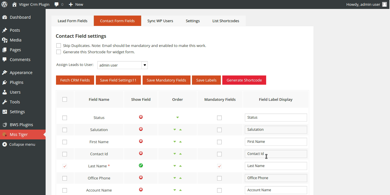 Contact Form Field List