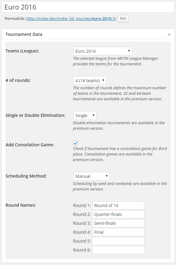 Create/configure Tournament (admin) [shortcode]