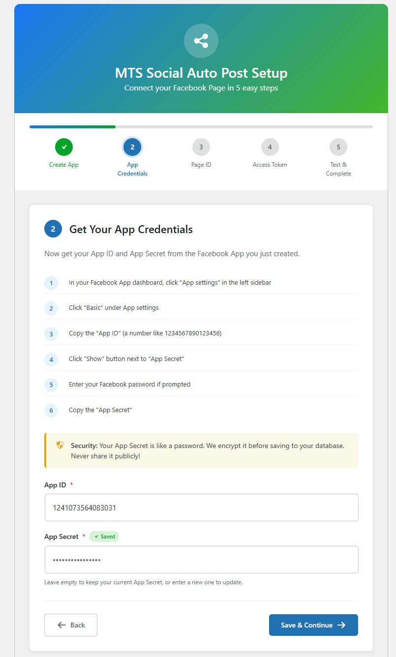 **Step 2: Credentials Saved** — Your credentials are securely encrypted and saved