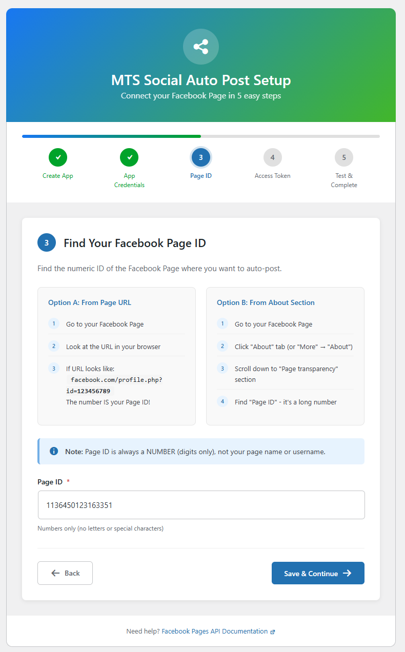 **Step 3: Find Page ID** — Easy instructions to locate your Facebook Page's numeric ID