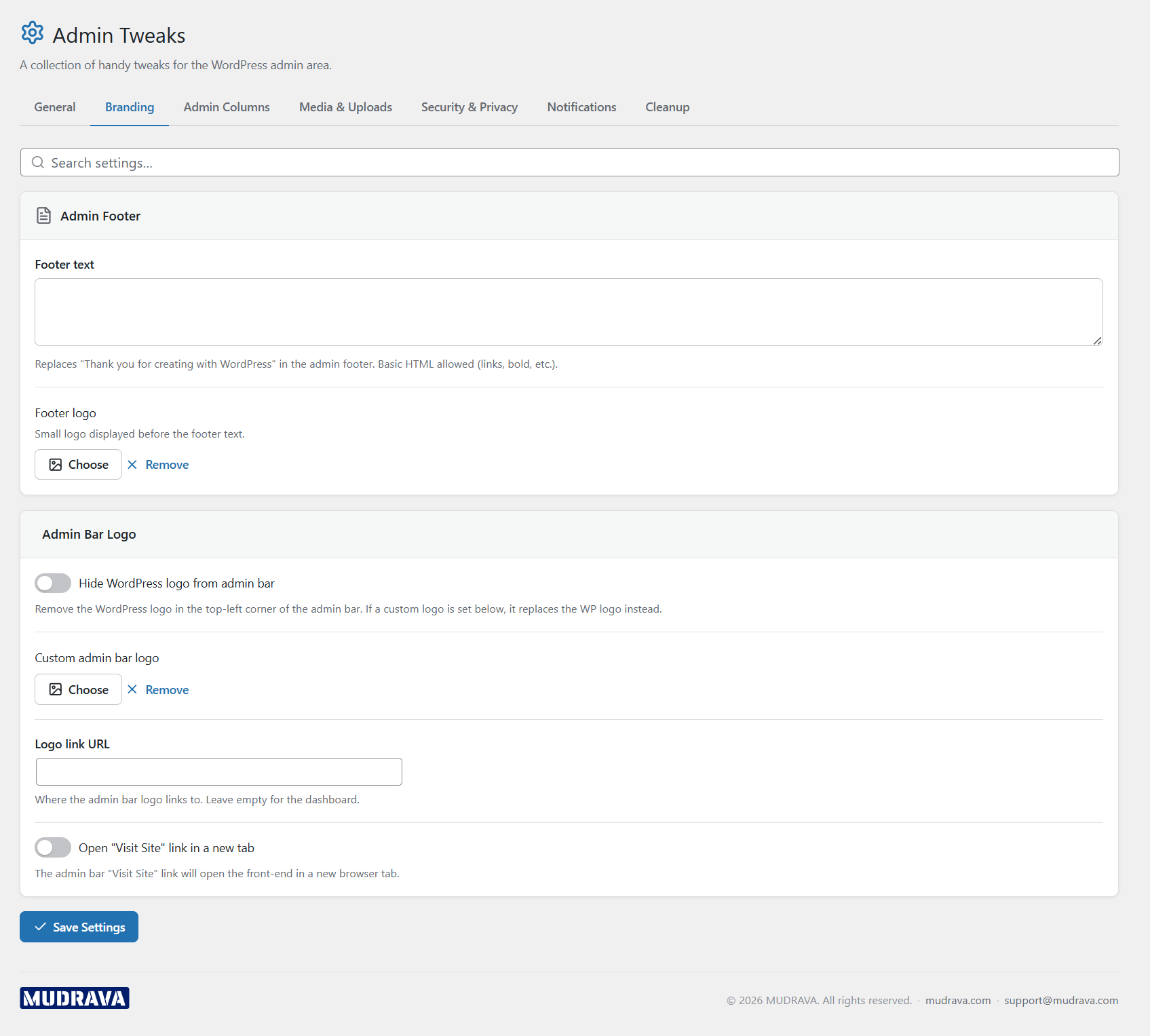 Branding settings  -  custom footer text, admin bar logo