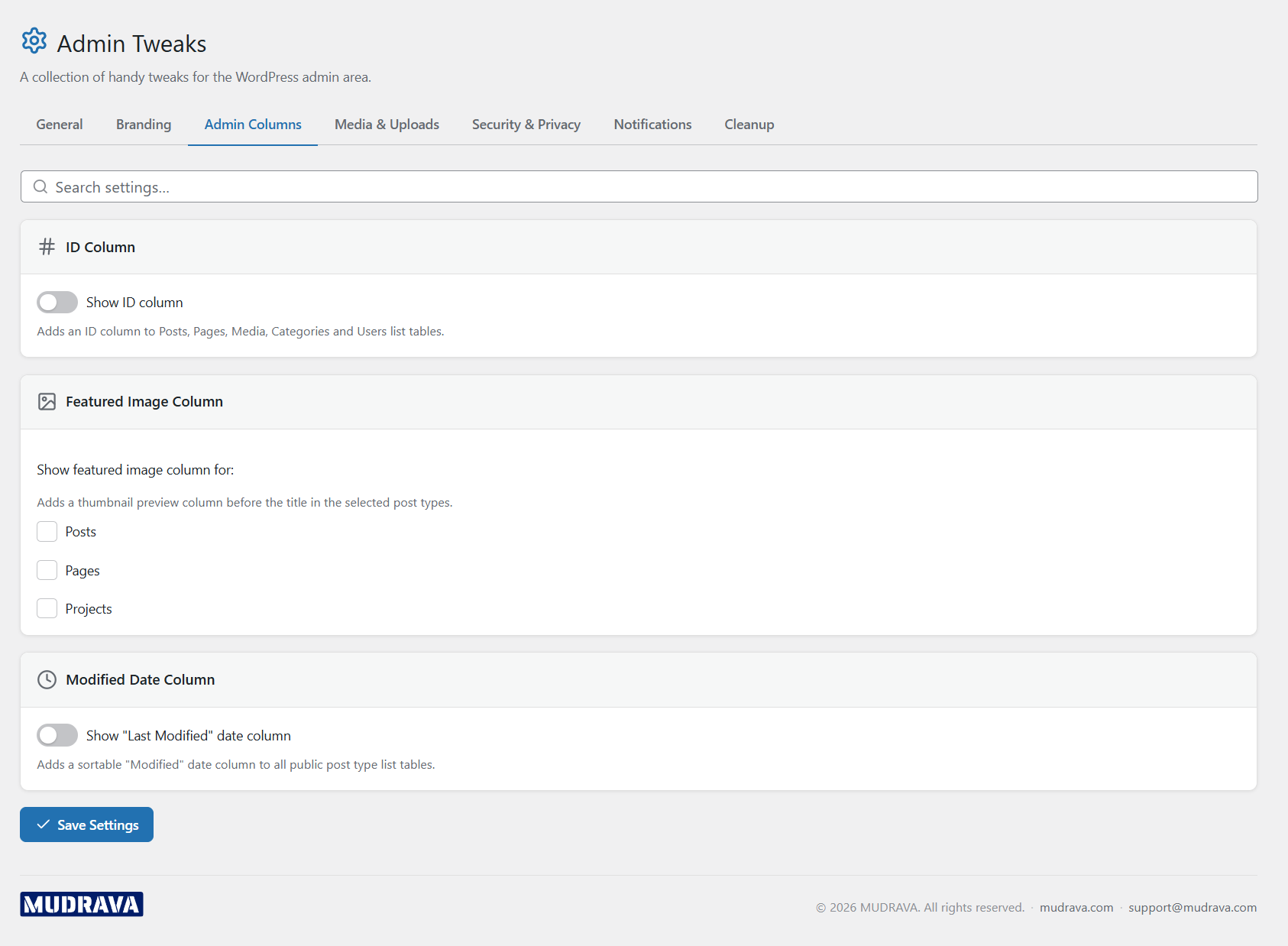 Admin columns settings for IDs, featured images, and modified dates