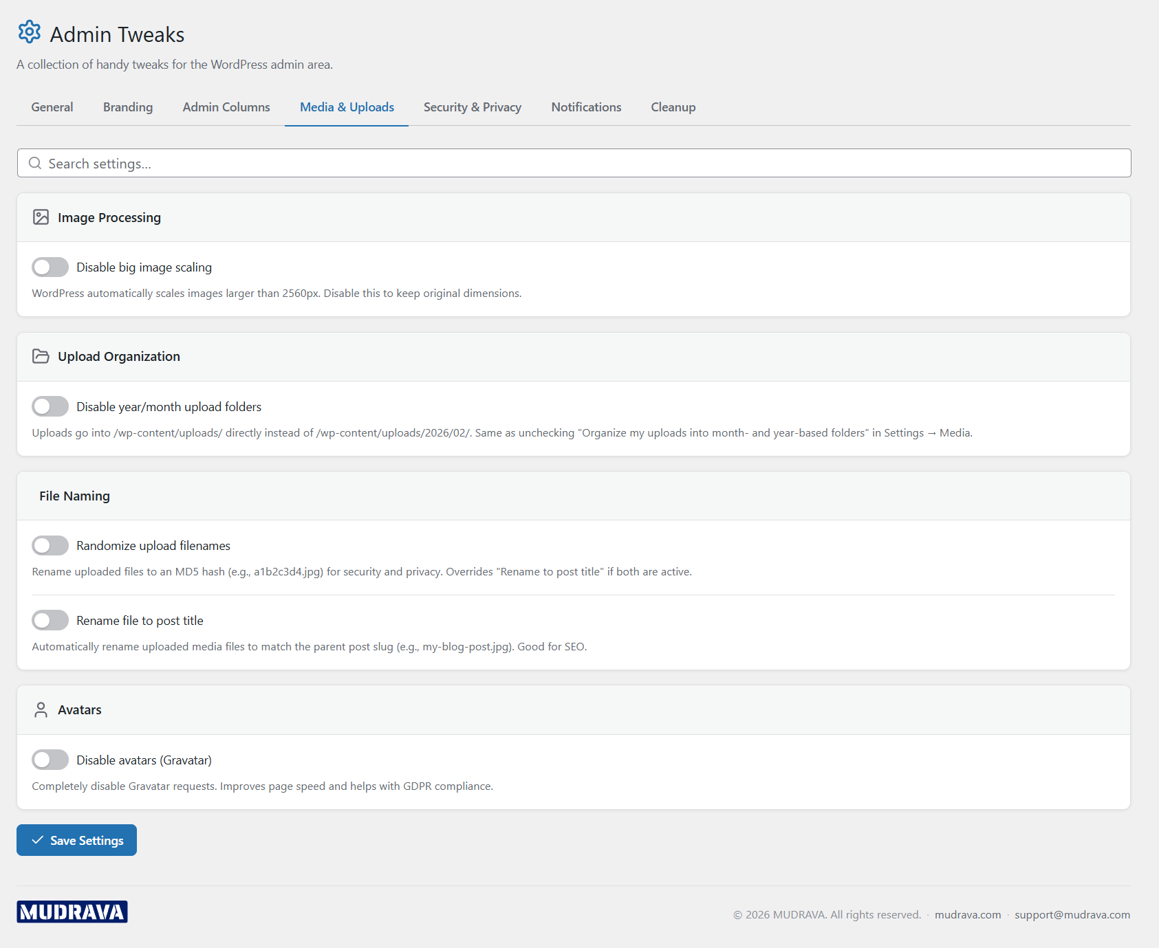 Media and uploads settings