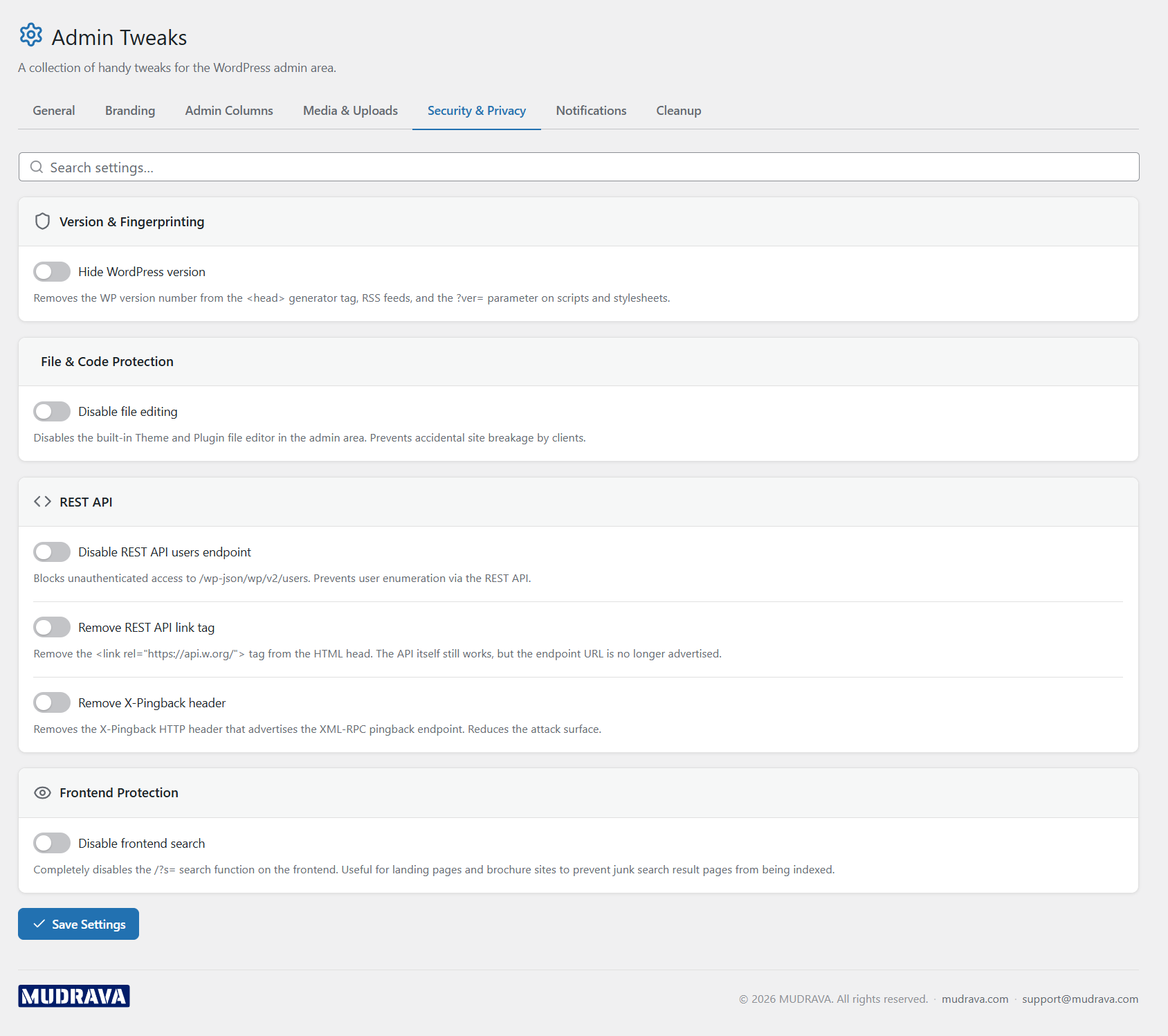 Security and privacy hardening options