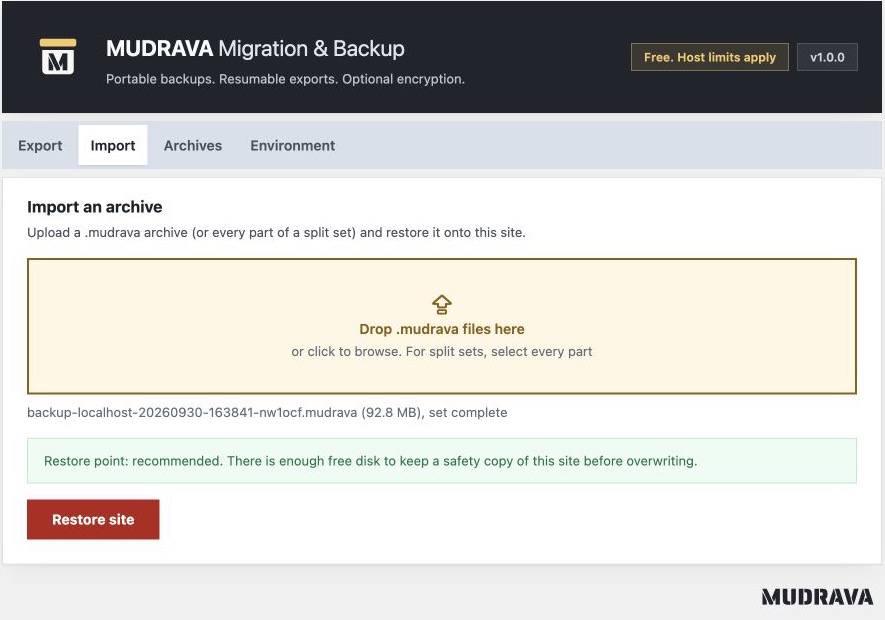 Upload an archive and review the destination restore point options.