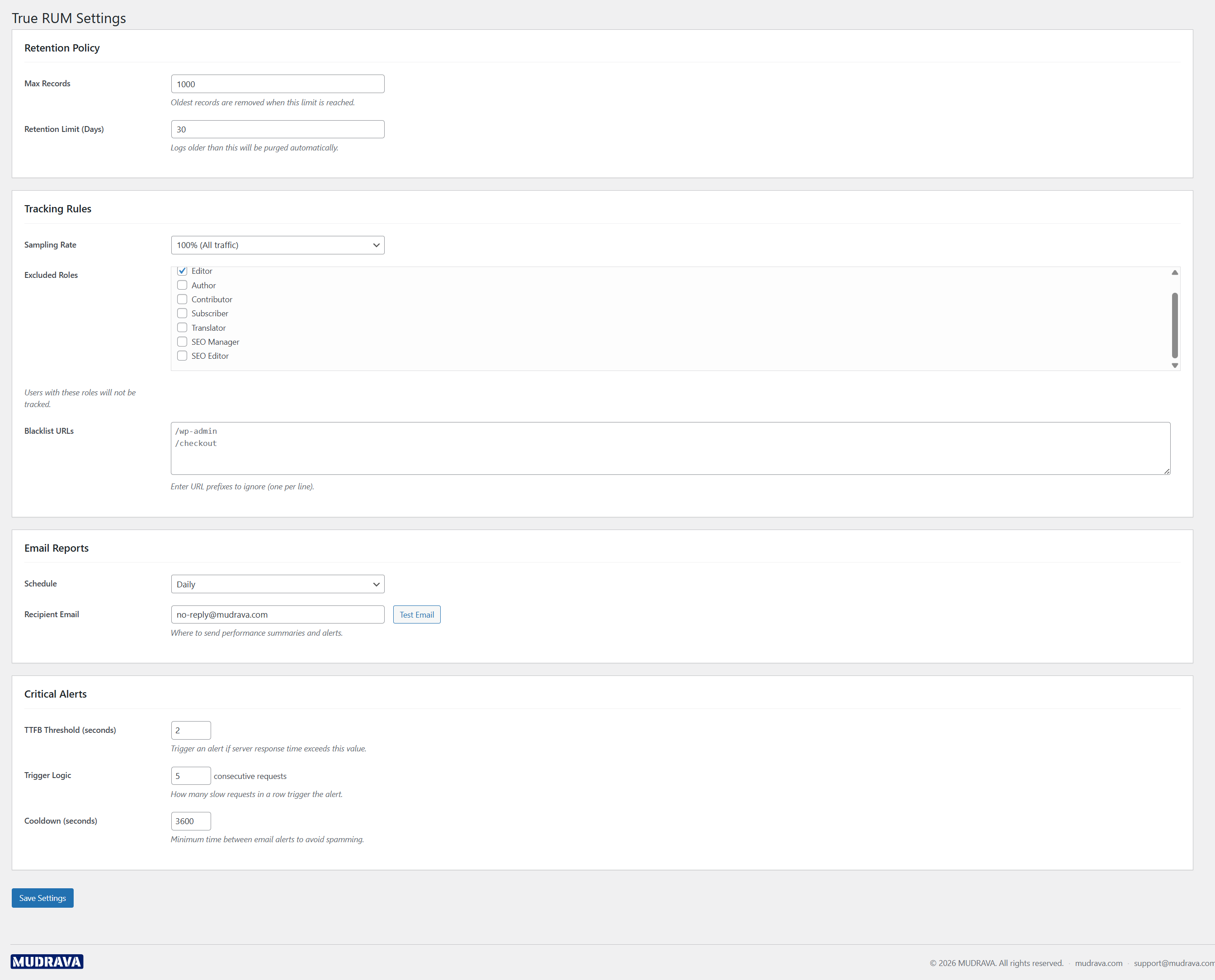 Settings page with sampling, retention, and alert configuration.