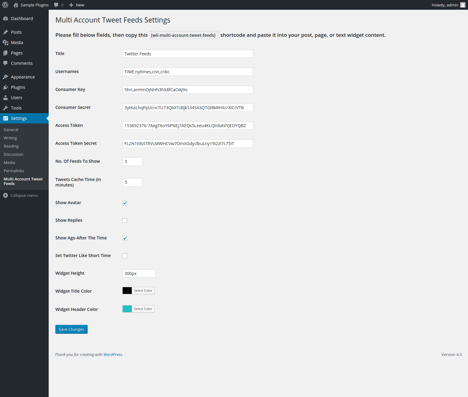 Backend plugin settings page for use [wli-multi-account-tweet-feeds]