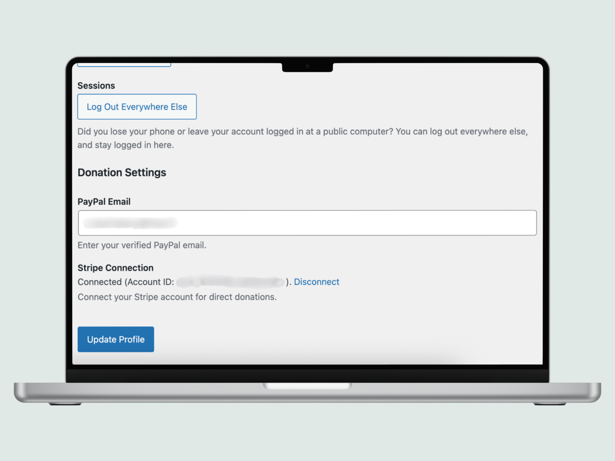 **User Profile Fields** (screenshot-4.png): Authors add PayPal email or connect Stripe.