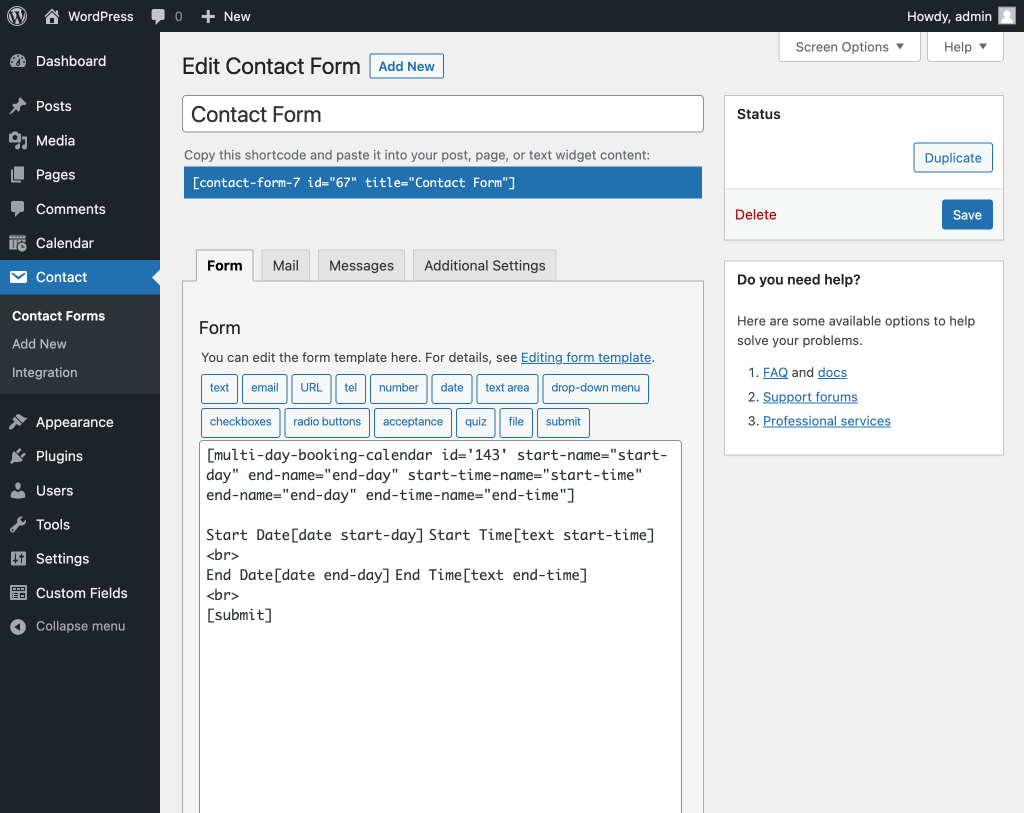 Insert shortcodes into article submission pages, Contact Form 7 submission pages, etc. ショートコードを記事投稿ページや Contact Form 7 投稿ページなどに挿入します。