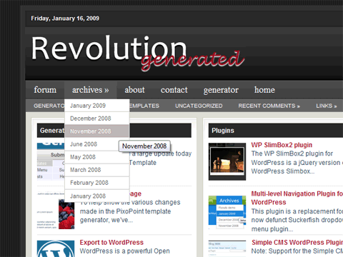 The <a href="https://geek.hellyer.kiwi/multi-level-navigation/">Multi-level Navigation plugin</a> integrated with the <a href="https://geek.hellyer.kiwi/revolution-generated/">Revolution Generated theme</a>.