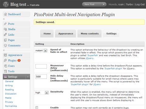 The administration page for the <a href="https://geek.hellyer.kiwi/multi-level-navigation/">Multi-level Navigation plugin</a>, where you can modify the plugins' settings.
