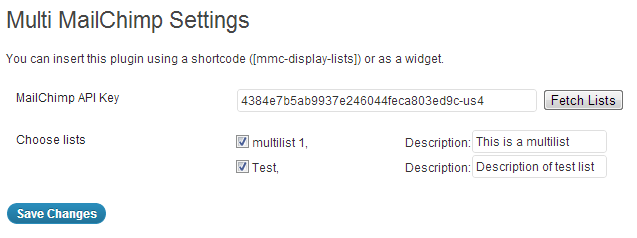 The options available for MultiMailChimp in the administration area.