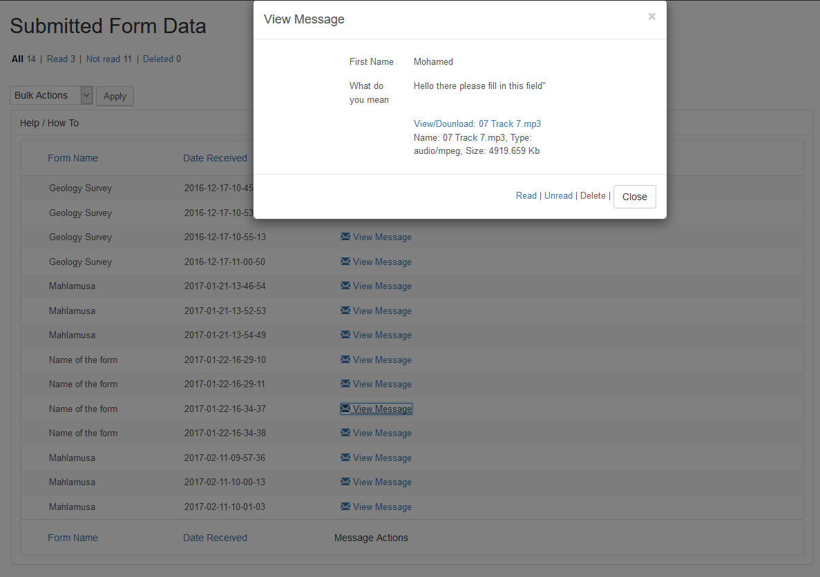 screenshot7.png - Received data. Shows the data that was sent from the custome forms. You can now see the data right in your admin