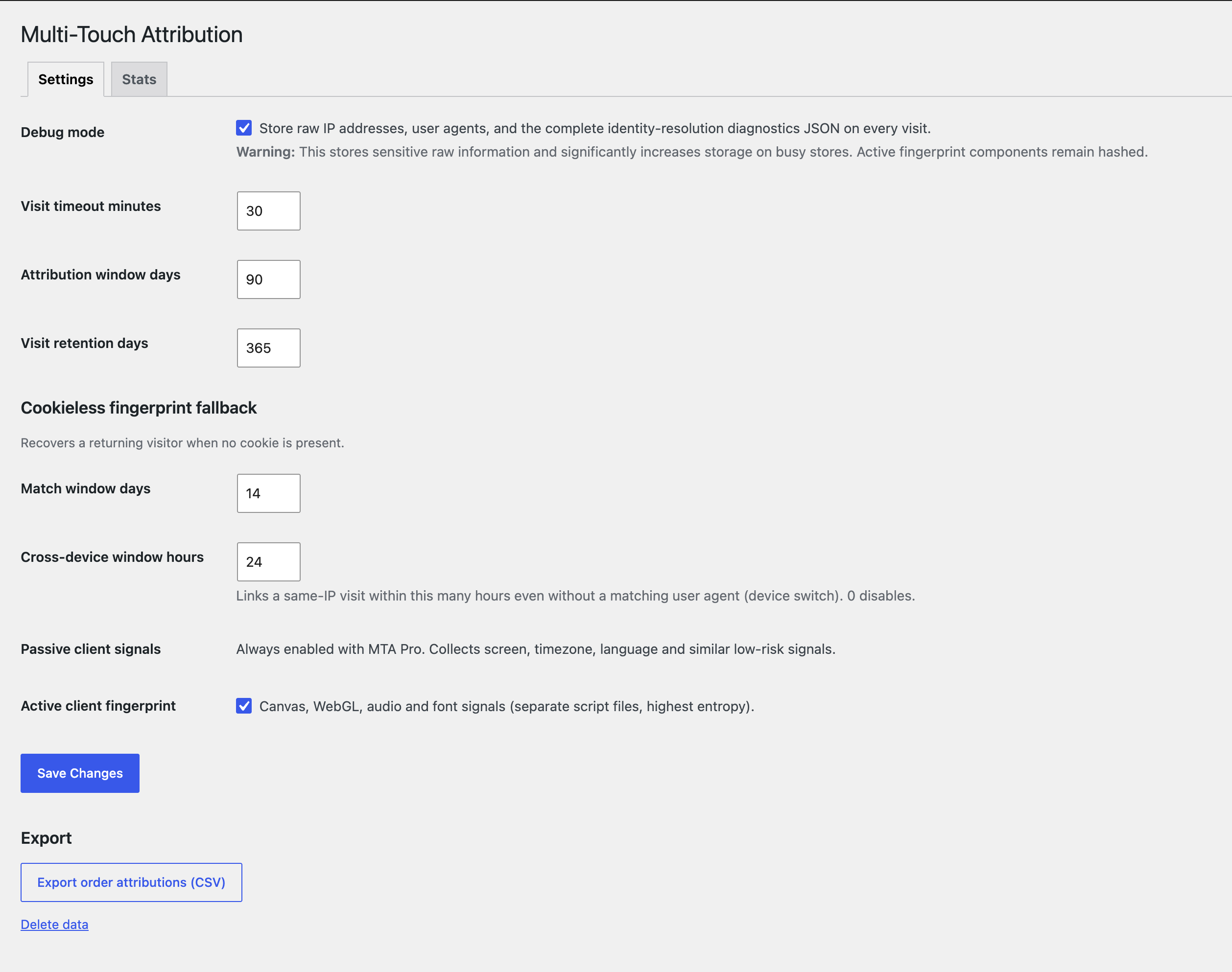 **Attribution settings** - Choose attribution windows, visit retention, diagnostics, advanced fingerprint visitor matching (Pro only), and CSV exports.