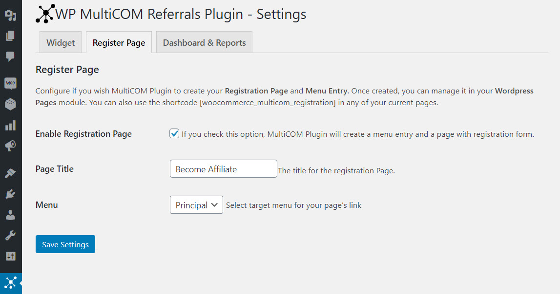 Register configuration page screen