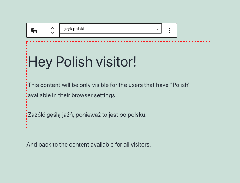 An example of the Multilang block wrapping an introduction for Polish visitors.