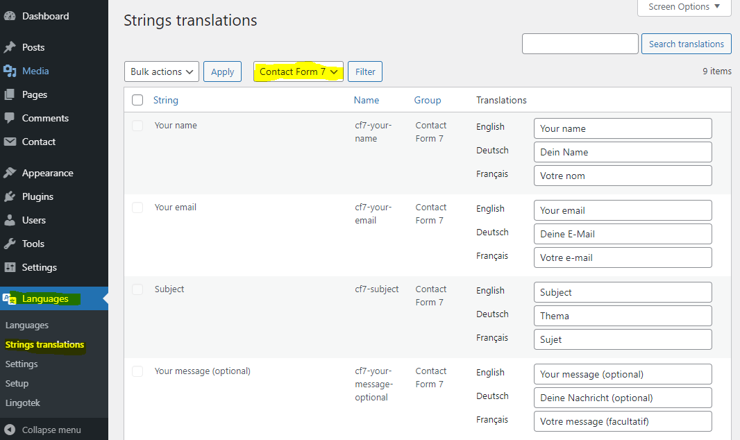 Translate strings in the Polylang String translations