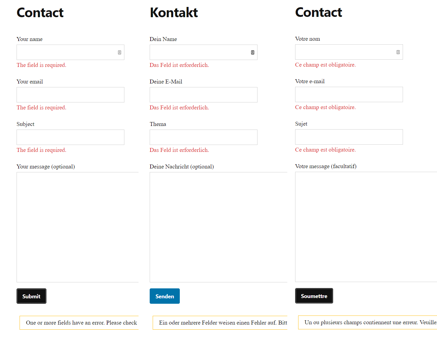 Example contact form in different languages