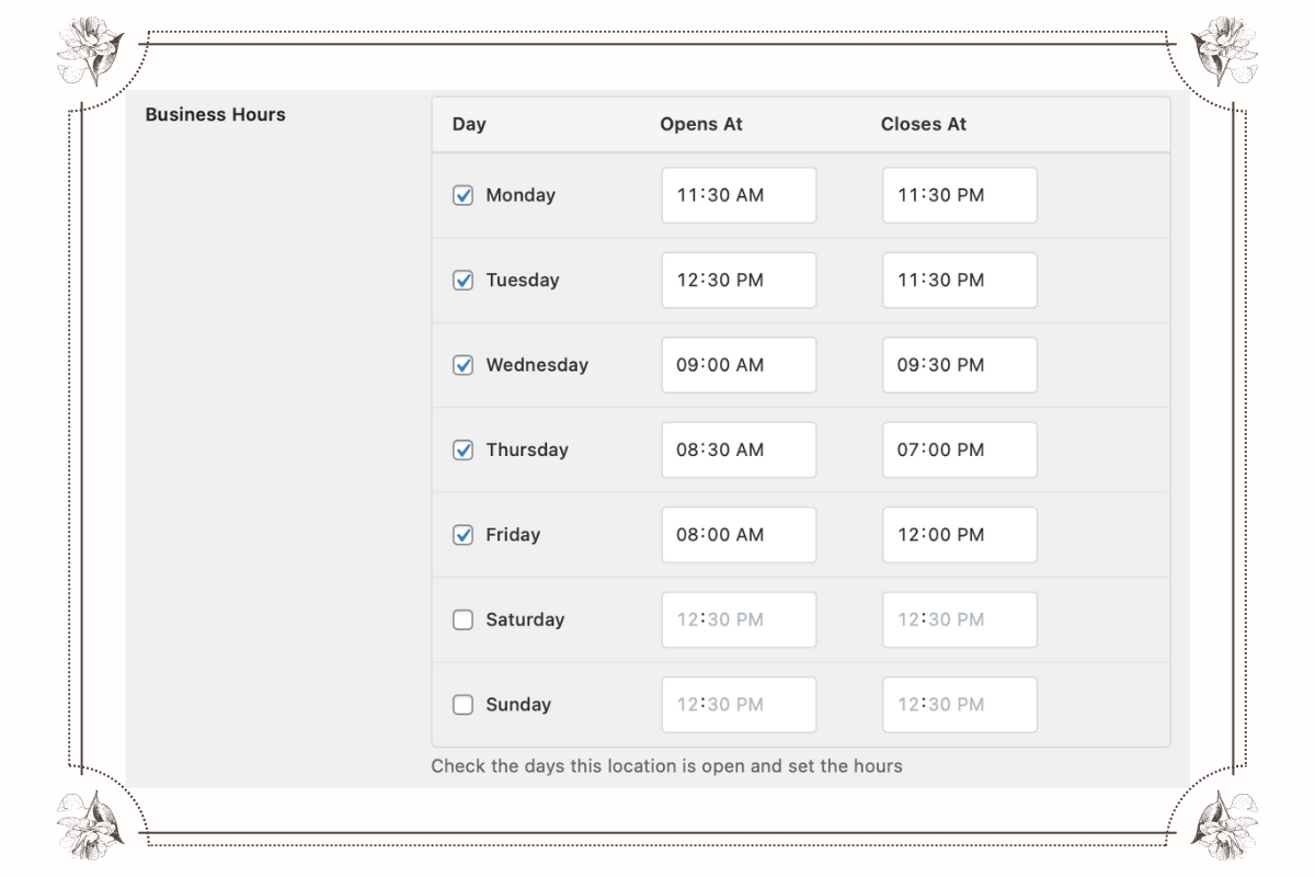 Set specific business hours for each branch using WooCommerce multi-store location management.