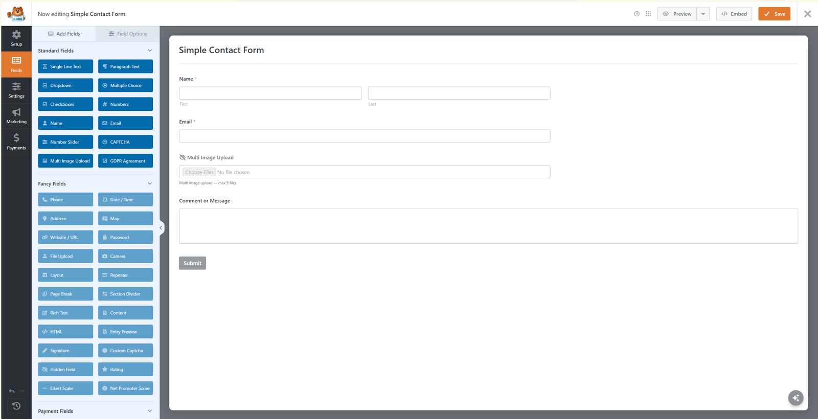 The Multi Image Upload field available in the WPForms builder's Standard Fields panel, added to a form.