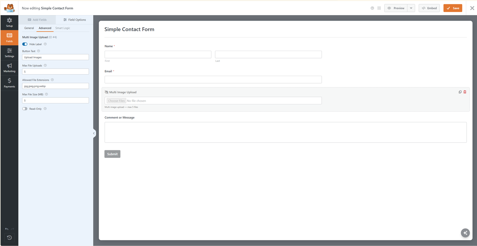 Field settings: Max File Uploads, Allowed File Extensions, and Max File Size (MB).