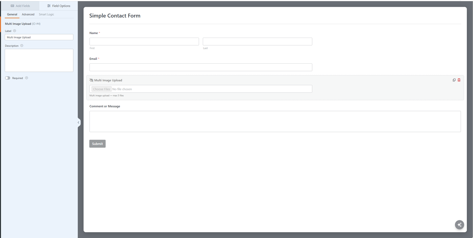 General field settings: Label, Description, and Required toggle.