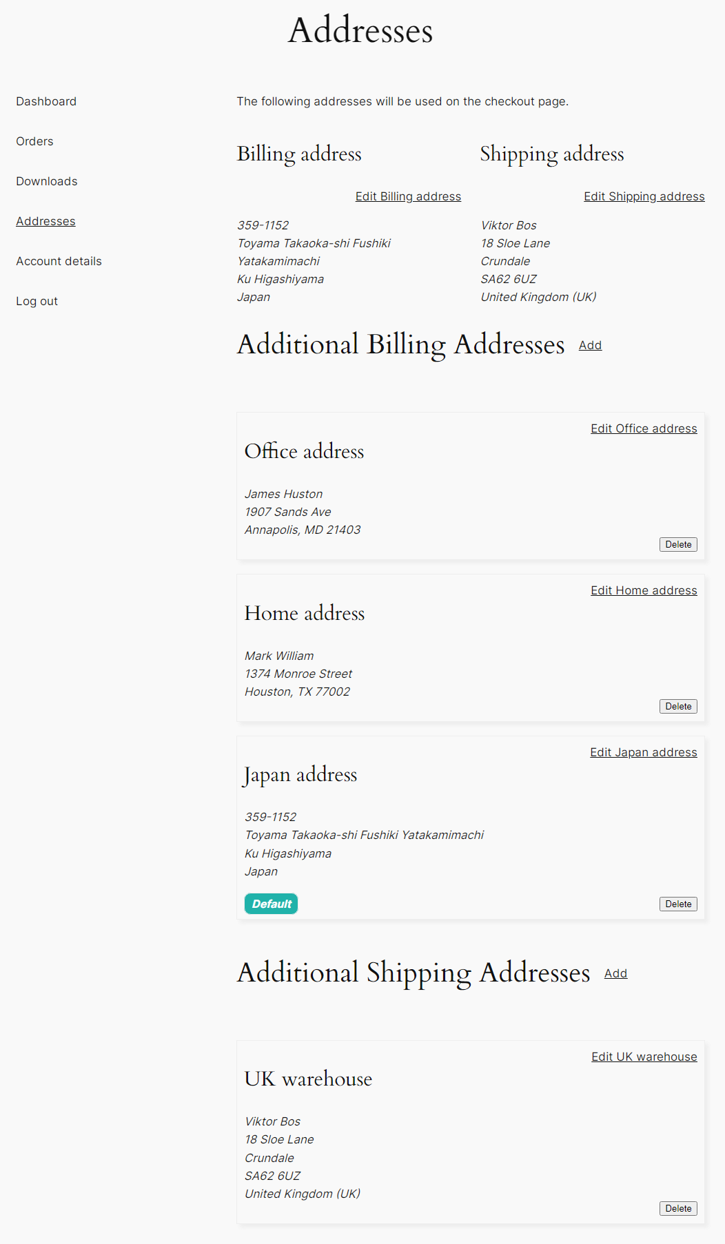 My addresses page