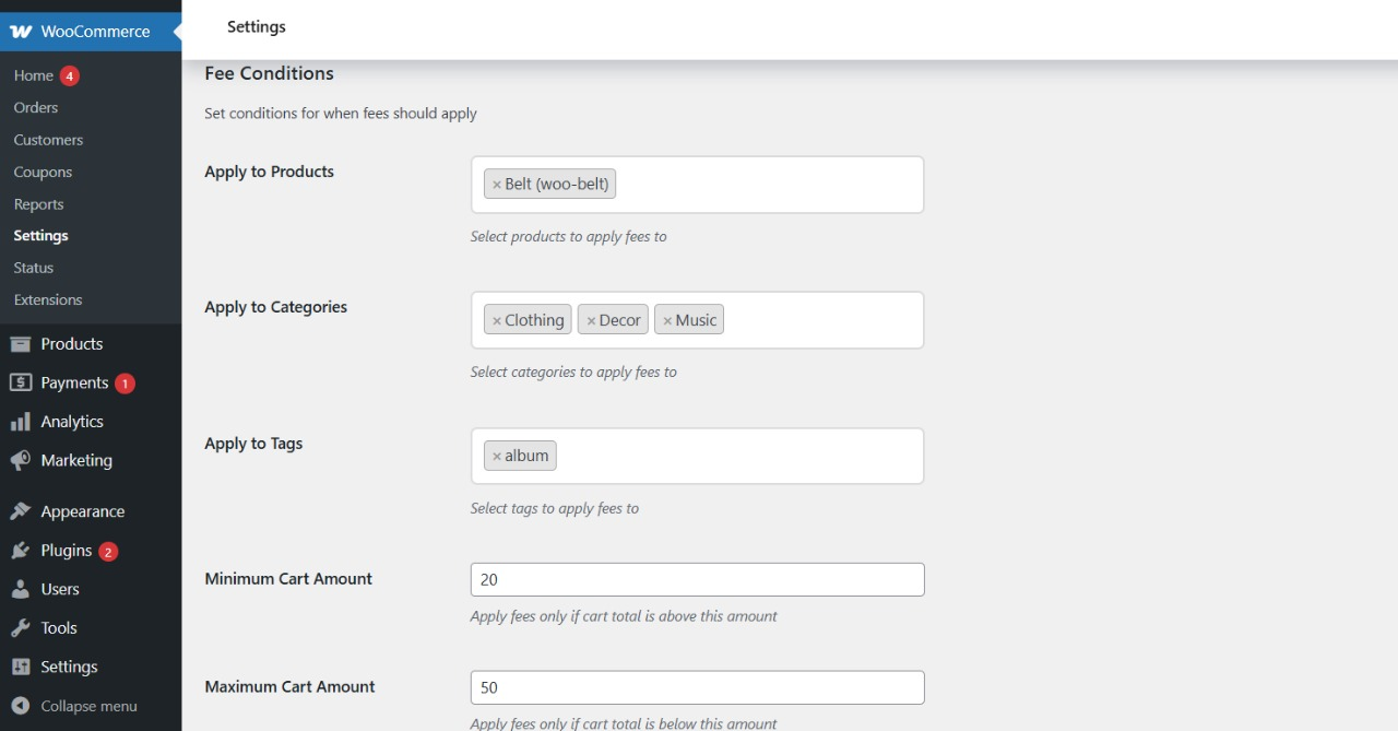 Conditional rules for products, categories, or tags