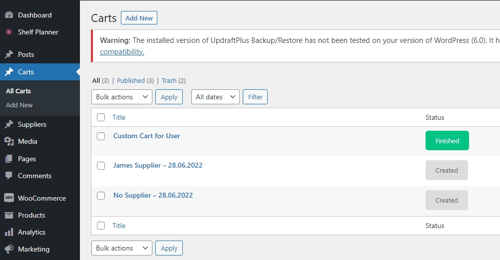 On list Cart posts we can see status about carts. Here will be shown every users cart and their status. Also registered users will get remind mail if Cart is not ordered.