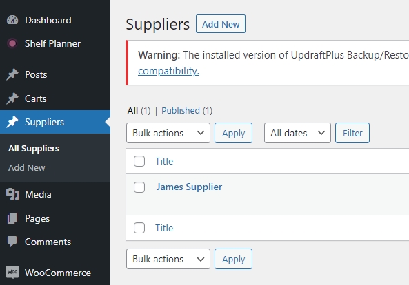Suppliers section just for group carts by products. One cart is can't have products from different suppliers - it will be divided.