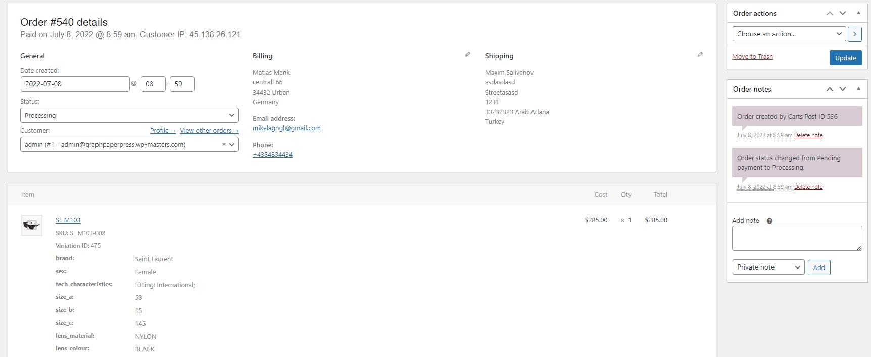 Created custom order from Carts post. You can easily create orders for customers with custom content and address