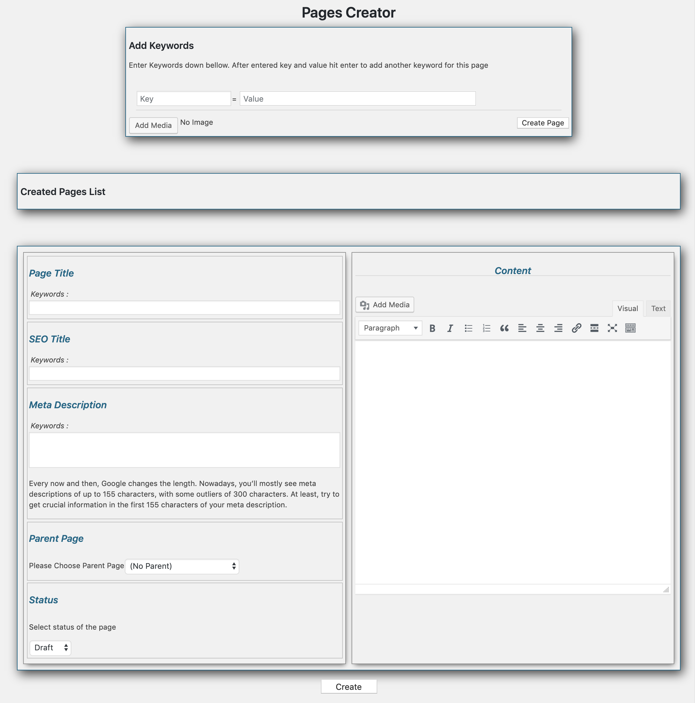 Multiple Page Generator running on WordPress version 5.2.1 with Pages Creator function.